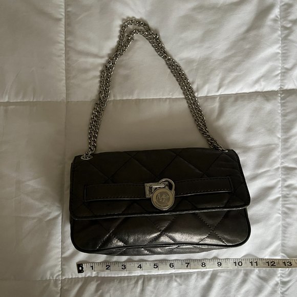 Michael Kors Hamilton Clutch Quilt Flap Shoulder Gray Gunmetal Pewter Metallic - Picture 4 of 11